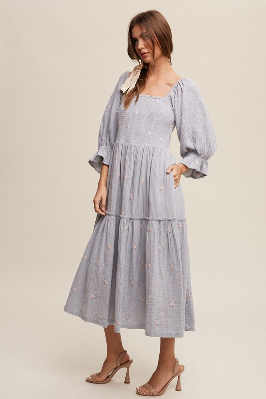 Ditzy Floral Embroidery Puff Sleeve Maxi Dress