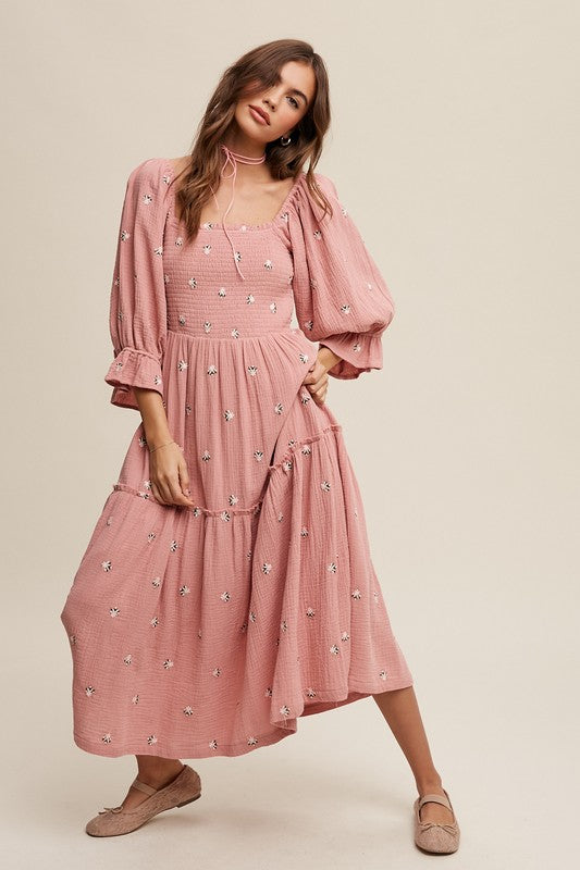 Ditzy Floral Embroidery Puff Sleeve Maxi Dress